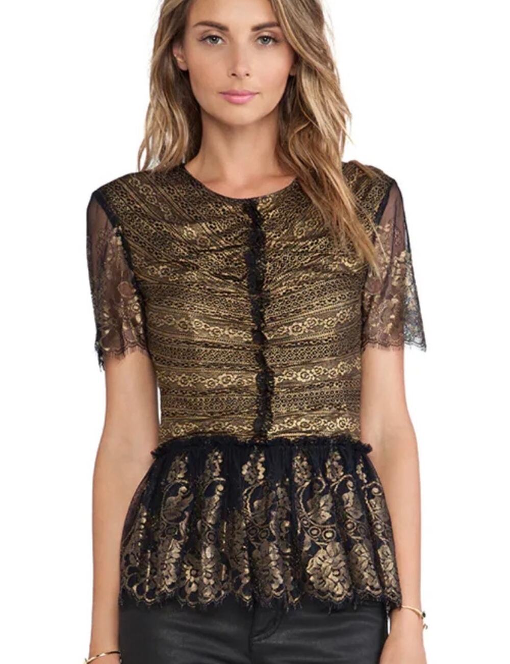 Marchesa Voyage Metallic Lace Peplum Blouse Black Gold Sheer Sleeves Party Top 8